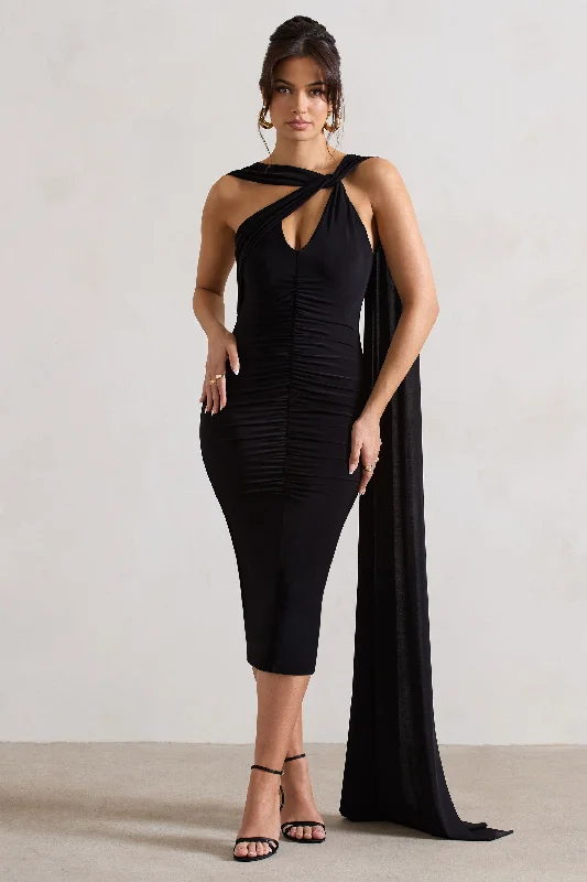 Sheath Women Dress with a Tailored Fit for a Professional LookFreedom | Black Strappy Asymmetric Cut-Out Midi Dress With Cape Sheath Women Dress with a Tailored Fit for a Professional LookFreedom | Black Strappy Asymmetric Cut-Out Midi Dress With Cape