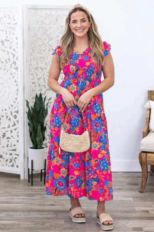 Wrap - Style Women Dress with Adjustable Fit for All Body TypesFuchsia Boho Floral V-Neck Tiered Dress Wrap - Style Women Dress with Adjustable Fit for All Body TypesFuchsia Boho Floral V-Neck Tiered Dress