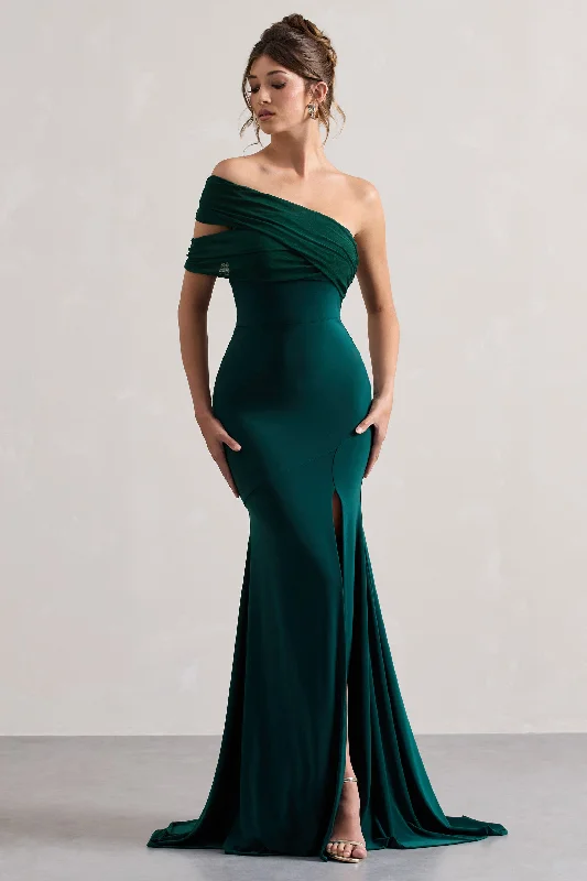 Long - Sleeve Women Dress in Velvet for a Luxurious Winter LookFused | Bottle Green Asymmetric Bardot Split Maxi Dress Long - Sleeve Women Dress in Velvet for a Luxurious Winter LookFused | Bottle Green Asymmetric Bardot Split Maxi Dress