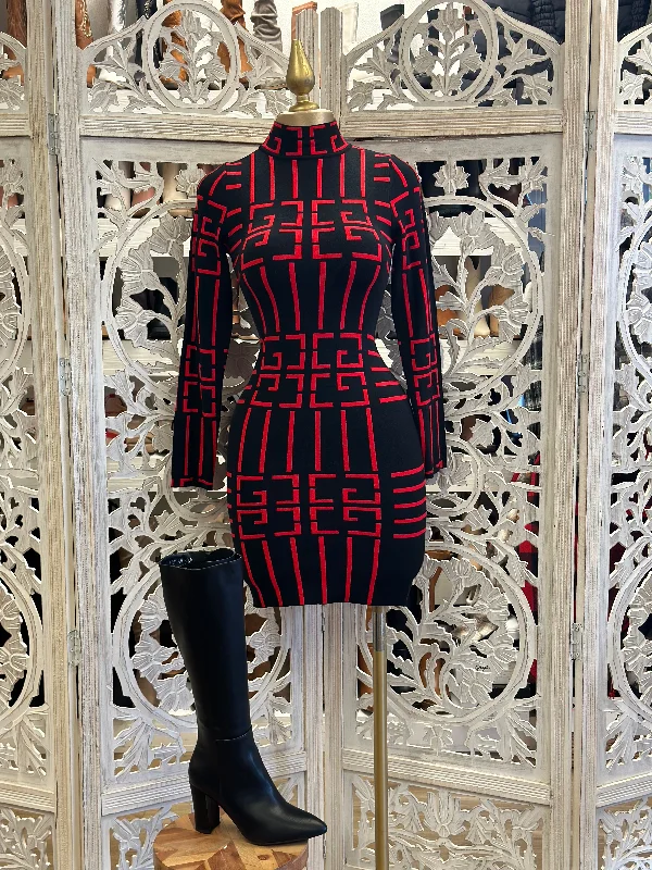 Lace - Embellished Women Dress for an Elegant and Sophisticated AppearanceGeometric Print Red Mock Neck Dress Lace - Embellished Women Dress for an Elegant and Sophisticated AppearanceGeometric Print Red Mock Neck Dress