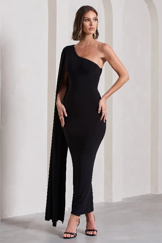 Sleeveless Women Dress in Bright Colors for Summer PartiesKamila | Black One Shoulder Cape Sleeve Open-Back Maxi Dress Sleeveless Women Dress in Bright Colors for Summer PartiesKamila | Black One Shoulder Cape Sleeve Open-Back Maxi Dress