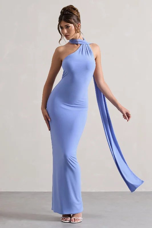 Ruffled Women Dress with Multiple Layers for a Playful and Girly StyleMiss | Pale Blue One Shoulder Backless Maxi Dress With Scarf Ruffled Women Dress with Multiple Layers for a Playful and Girly StyleMiss | Pale Blue One Shoulder Backless Maxi Dress With Scarf