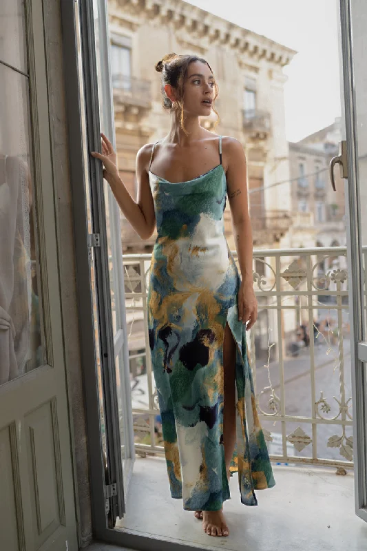 Halter Neck Women Dress to Show Off the Shoulders and NecklineNatalia Blue and Gold Watercolor Maxi Dress Halter Neck Women Dress to Show Off the Shoulders and NecklineNatalia Blue and Gold Watercolor Maxi Dress
