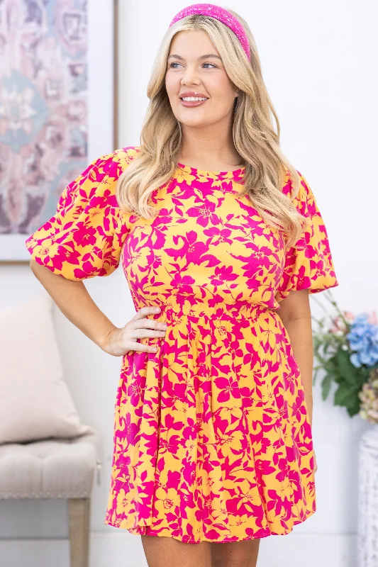Plus Size Women Dress with a Flattering A - Line Cut for Comfort and StyleOrange and Fuchsia Blossom Print Woven Dress Plus Size Women Dress with a Flattering A - Line Cut for Comfort and StyleOrange and Fuchsia Blossom Print Woven Dress