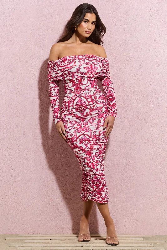 Empire Waist Women Dress to Accentuate the Bust and Conceal the WaistOver Love | Pink Porcelain Print Bardot Midi Dress Empire Waist Women Dress to Accentuate the Bust and Conceal the WaistOver Love | Pink Porcelain Print Bardot Midi Dress