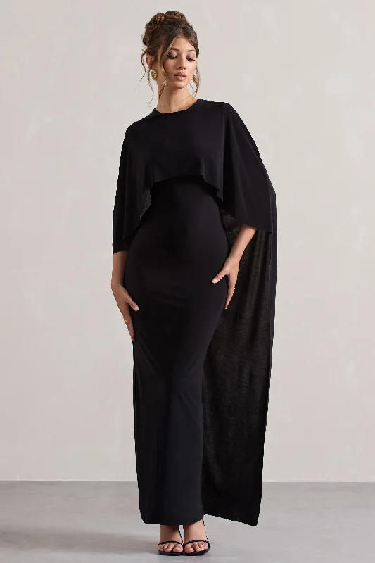 Pleated Women Dress with a Timeless and Elegant TexturePalena | Black Draped Maxi Dress With Cape Sleeves Pleated Women Dress with a Timeless and Elegant TexturePalena | Black Draped Maxi Dress With Cape Sleeves