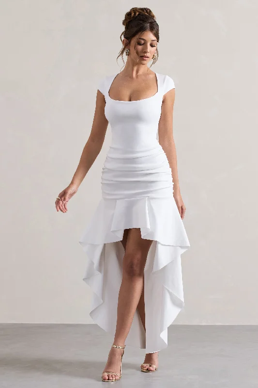 Mermaid - Style Women Dress with a Fitted Silhouette for Special OccasionsParisa | White Ruched Short-Sleeve High-Low Maxi Dress Mermaid - Style Women Dress with a Fitted Silhouette for Special OccasionsParisa | White Ruched Short-Sleeve High-Low Maxi Dress