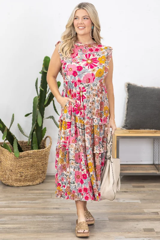 Empire Waist Women Dress to Accentuate the Bust and Conceal the WaistPink Floral Print Ruffle Maxi Dress Empire Waist Women Dress to Accentuate the Bust and Conceal the WaistPink Floral Print Ruffle Maxi Dress