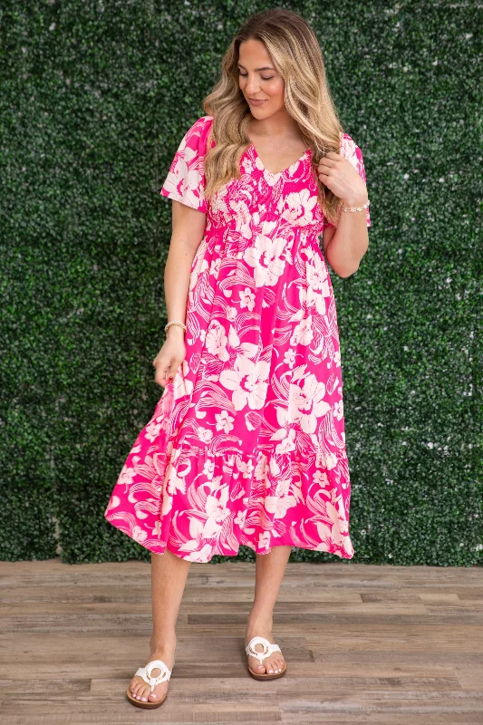 Long - Sleeve Women Dress in Velvet for a Luxurious Winter LookPink Floral V-Neck Dress With Pockets Long - Sleeve Women Dress in Velvet for a Luxurious Winter LookPink Floral V-Neck Dress With Pockets