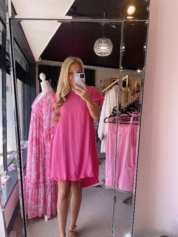Ruffled Women Dress with Multiple Layers for a Playful and Girly StylePink Linen Dress Ruffled Women Dress with Multiple Layers for a Playful and Girly StylePink Linen Dress