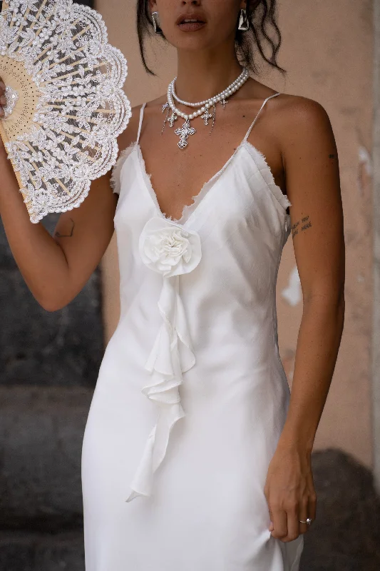 Printed Abstract Women Dress for a Modern and Artistic AppealProsecco White Rosette Frill Maxi Dress Printed Abstract Women Dress for a Modern and Artistic AppealProsecco White Rosette Frill Maxi Dress