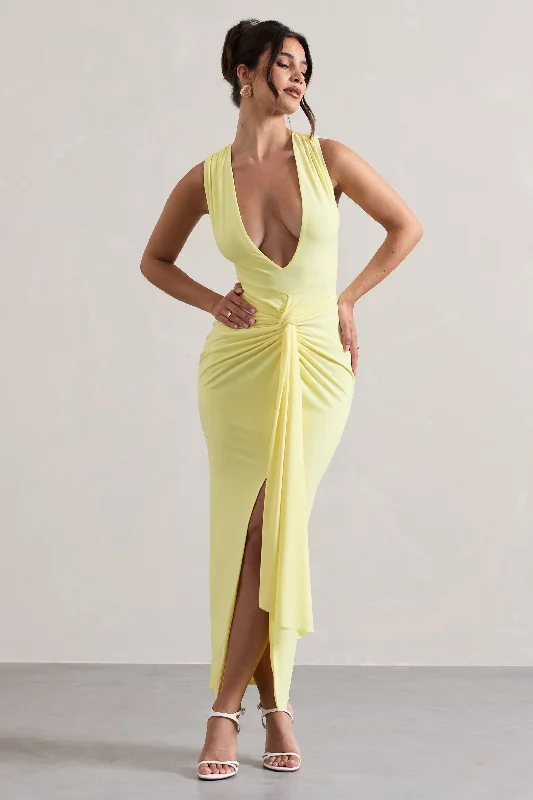 Off - the - Shoulder Women Dress for a Romantic and Feminine LookSantana | Lemon Plunge-Neck Split Maxi Dress With Knot Detail Off - the - Shoulder Women Dress for a Romantic and Feminine LookSantana | Lemon Plunge-Neck Split Maxi Dress With Knot Detail