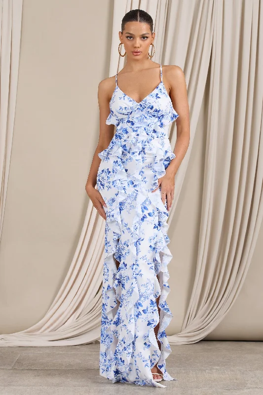 Mini Women Dress with a Short Hem for a Young and Trendy StyleSyrah | Blue Floral Ruffled Strappy Maxi Dress Mini Women Dress with a Short Hem for a Young and Trendy StyleSyrah | Blue Floral Ruffled Strappy Maxi Dress