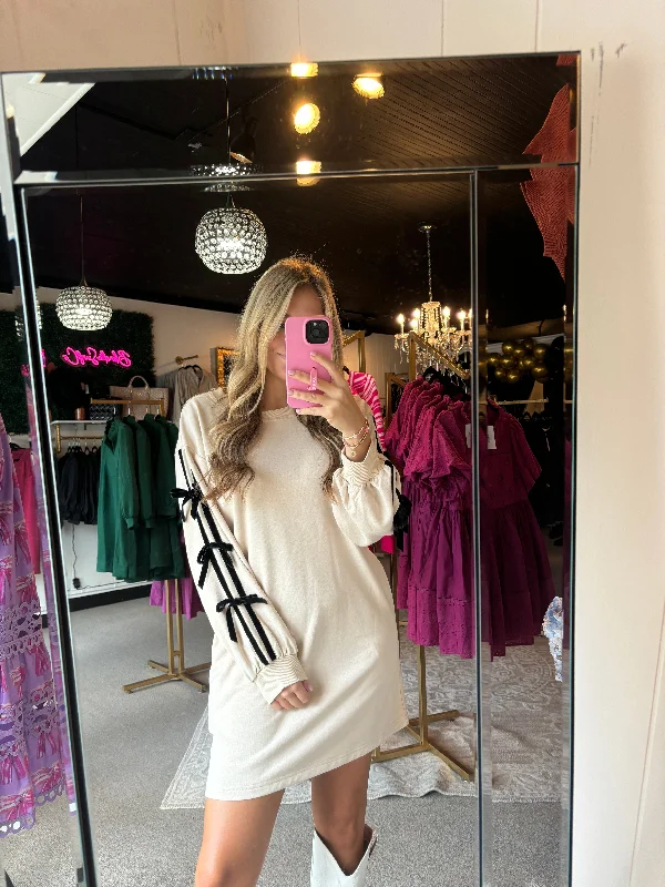 Empire Waist Women Dress to Accentuate the Bust and Conceal the WaistTaupe Sweater Dress With Black Velvet Bows Empire Waist Women Dress to Accentuate the Bust and Conceal the WaistTaupe Sweater Dress With Black Velvet Bows