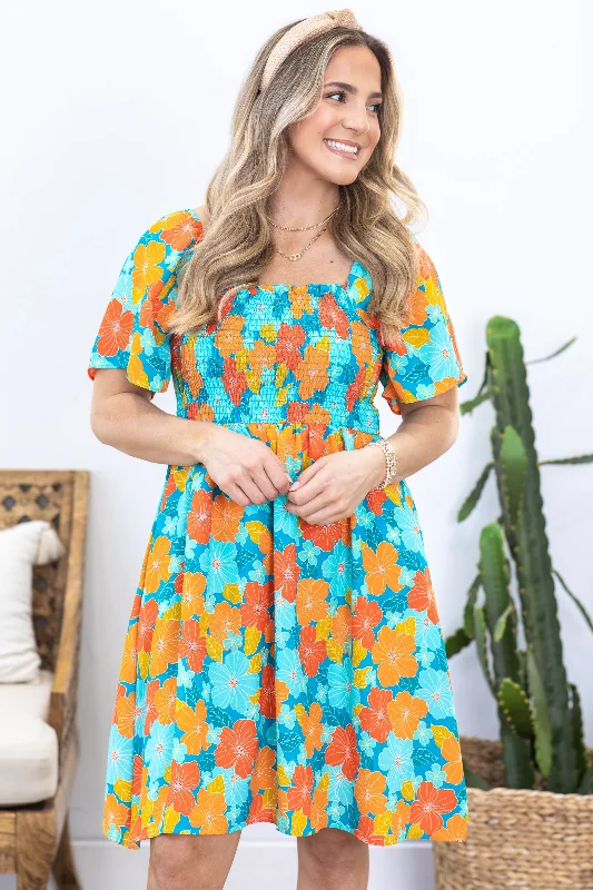 Strapless Women Dress with a Built - in Bra for Comfort and SupportTurquoise and Orange Floral Smocked Dress Strapless Women Dress with a Built - in Bra for Comfort and SupportTurquoise and Orange Floral Smocked Dress