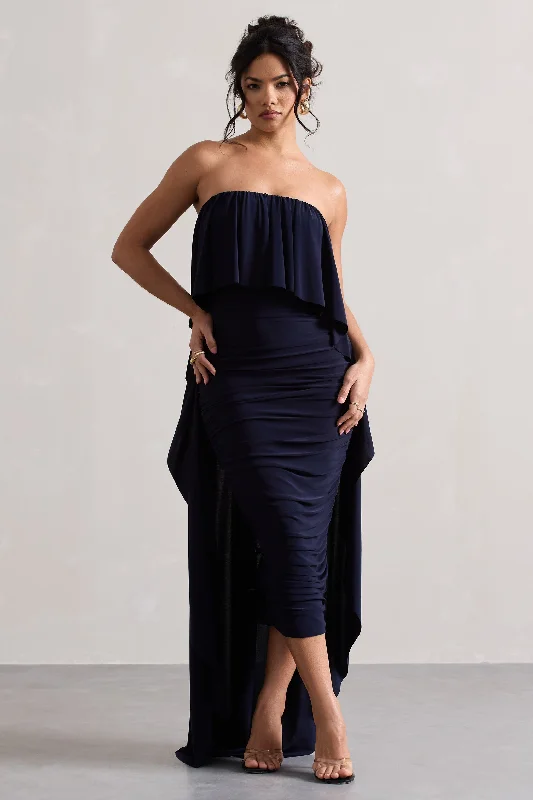 Sleeveless Women Dress in Bright Colors for Summer PartiesUpon A Time | Navy Ruched Bandeau Midi Dress With Cape Sleeveless Women Dress in Bright Colors for Summer PartiesUpon A Time | Navy Ruched Bandeau Midi Dress With Cape
