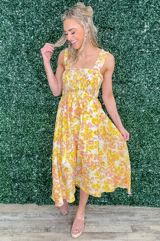 Shift Women Dress with a Simple and Classic Design for Everyday WearYellow Floral Print Smocked Detail Midi Dress Shift Women Dress with a Simple and Classic Design for Everyday WearYellow Floral Print Smocked Detail Midi Dress