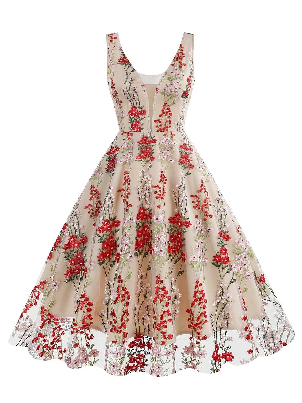 Lace - Embellished Women Dress for an Elegant and Sophisticated Appearance1950s Embroidered Floral V-Neck Swing Dress Lace - Embellished Women Dress for an Elegant and Sophisticated Appearance1950s Embroidered Floral V-Neck Swing Dress