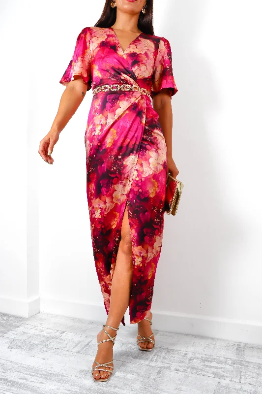 Wrap - Style Women Dress with Adjustable Fit for All Body TypesAdore Her - Purple Pink Abstract Print Midi Dress Wrap - Style Women Dress with Adjustable Fit for All Body TypesAdore Her - Purple Pink Abstract Print Midi Dress