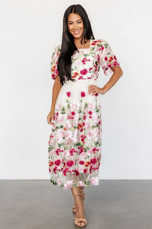 Lace - Embellished Women Dress for an Elegant and Sophisticated AppearanceAnastasie Floral Embroidered Dress | Pink Multi Lace - Embellished Women Dress for an Elegant and Sophisticated AppearanceAnastasie Floral Embroidered Dress | Pink Multi