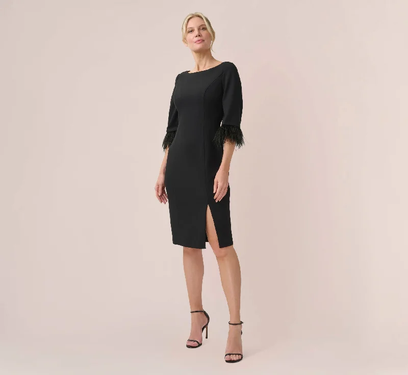 Sleeveless Women Dress in Bright Colors for Summer PartiesCrepe Sheath Dress With V-Back And Feather-Trim Sleeves In Black Sleeveless Women Dress in Bright Colors for Summer PartiesCrepe Sheath Dress With V-Back And Feather-Trim Sleeves In Black