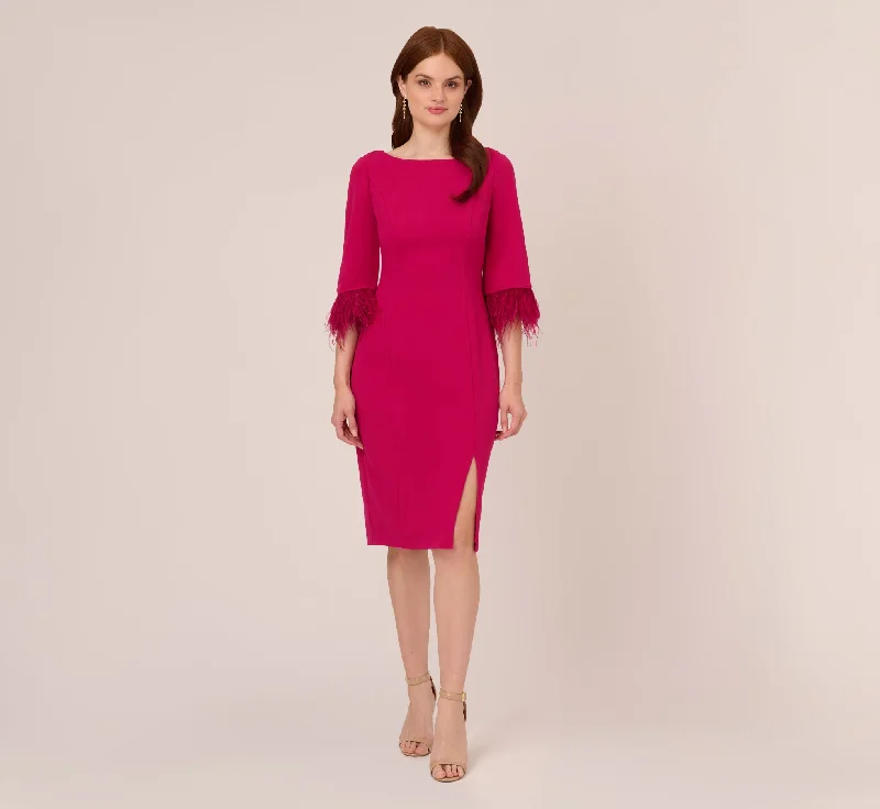 Ruffled Women Dress with Multiple Layers for a Playful and Girly StyleCrepe Sheath Dress With V-Back And Feather-Trim Sleeves In Rich Magenta Ruffled Women Dress with Multiple Layers for a Playful and Girly StyleCrepe Sheath Dress With V-Back And Feather-Trim Sleeves In Rich Magenta