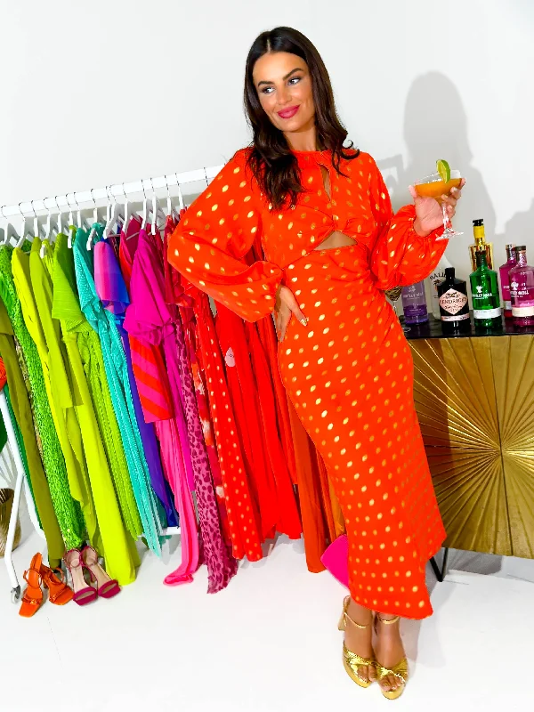 Long - Sleeve Women Dress in Velvet for a Luxurious Winter LookCut Them Out - Coral Gold Foil Spot Midi Dress Long - Sleeve Women Dress in Velvet for a Luxurious Winter LookCut Them Out - Coral Gold Foil Spot Midi Dress