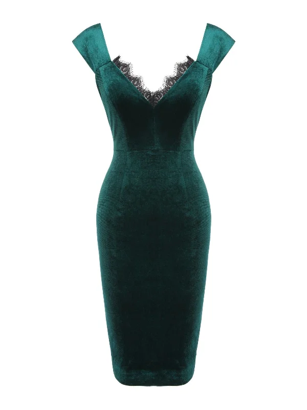Pleated Women Dress with a Timeless and Elegant TextureGreen 1960s Velvet Lace Patchwork Dress Pleated Women Dress with a Timeless and Elegant TextureGreen 1960s Velvet Lace Patchwork Dress