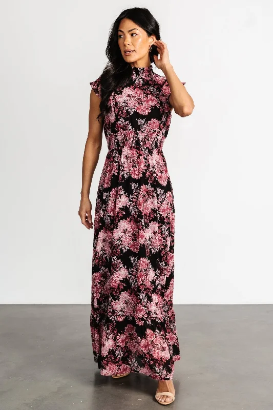 Ruffled Women Dress with Multiple Layers for a Playful and Girly StyleKearny Ruffle Maxi Dress | Black + Mauve Ruffled Women Dress with Multiple Layers for a Playful and Girly StyleKearny Ruffle Maxi Dress | Black + Mauve