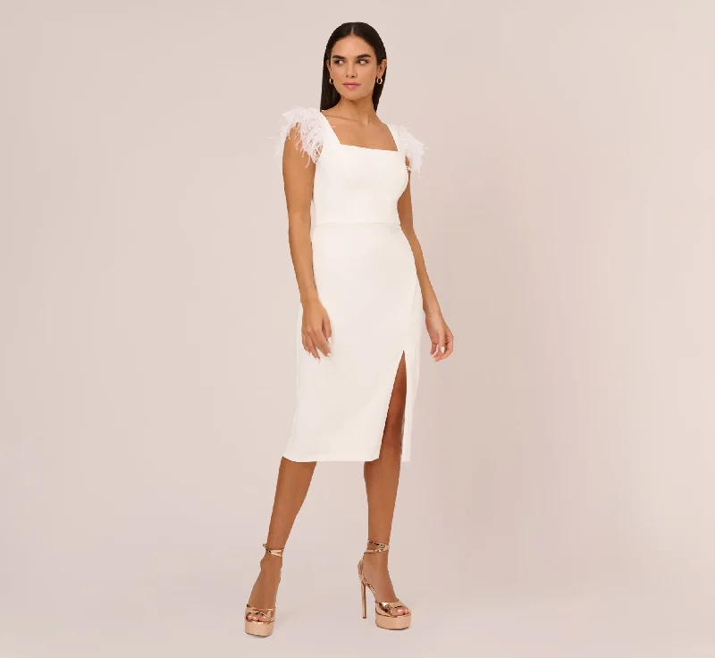 Ball Gown Women Dress with a Full Skirt for a Princess - like LookKnit Crepe Midi Dress With Feather Shoulder Accents In Ivory Ball Gown Women Dress with a Full Skirt for a Princess - like LookKnit Crepe Midi Dress With Feather Shoulder Accents In Ivory