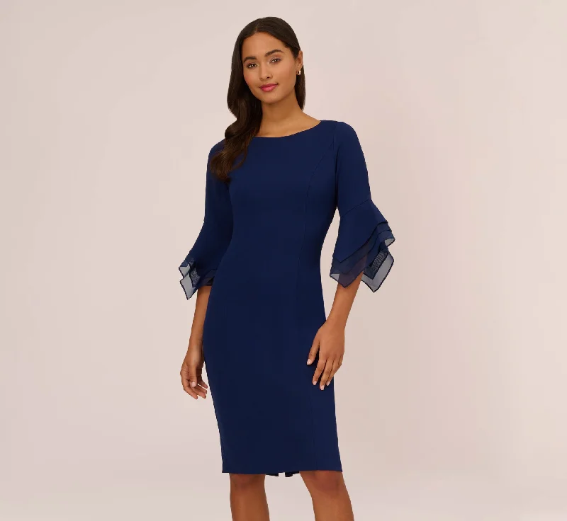 Strapless Women Dress with a Built - in Bra for Comfort and SupportKnit Crepe Sheath Dress With Tiered Three Quarter Sleeves In Navy Sateen Strapless Women Dress with a Built - in Bra for Comfort and SupportKnit Crepe Sheath Dress With Tiered Three Quarter Sleeves In Navy Sateen