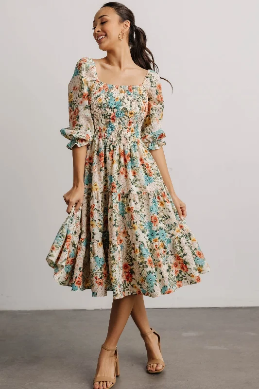 Sheath Women Dress with a Tailored Fit for a Professional LookMarta Smocked Midi Dress | Summer Floral Sheath Women Dress with a Tailored Fit for a Professional LookMarta Smocked Midi Dress | Summer Floral