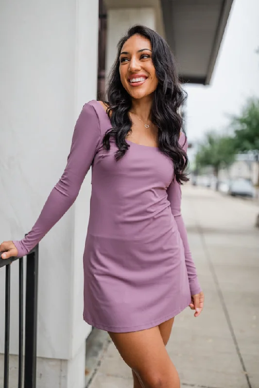 Printed Abstract Women Dress for a Modern and Artistic AppealOn The Rise Mauve Long Sleeve Open Back Active Dress Printed Abstract Women Dress for a Modern and Artistic AppealOn The Rise Mauve Long Sleeve Open Back Active Dress