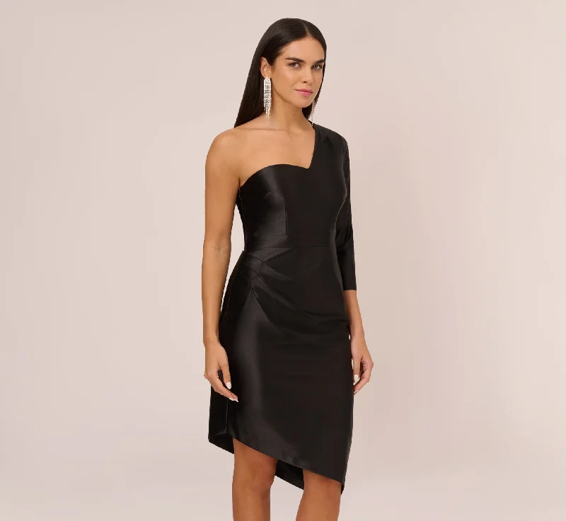 Ruffled Women Dress with Multiple Layers for a Playful and Girly StyleOne Shoulder Satin Midi Dress With Three-Quarter Sleeve In Black Ruffled Women Dress with Multiple Layers for a Playful and Girly StyleOne Shoulder Satin Midi Dress With Three-Quarter Sleeve In Black