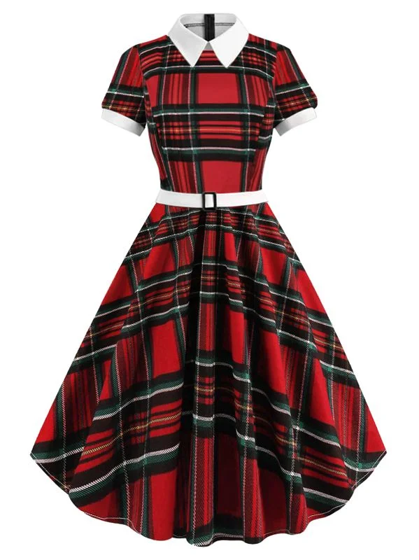 Long - Sleeve Women Dress in Velvet for a Luxurious Winter LookRed 1950s Plaid Convertible Collar Dress Long - Sleeve Women Dress in Velvet for a Luxurious Winter LookRed 1950s Plaid Convertible Collar Dress