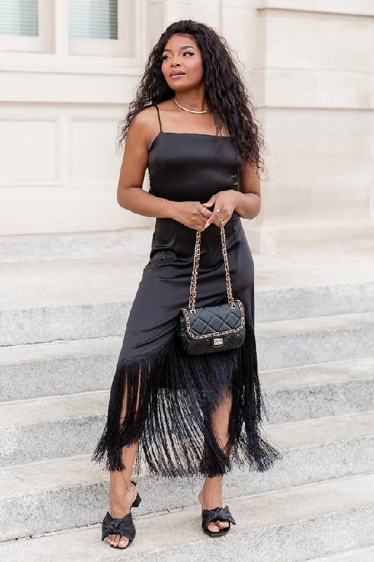 Little Black Women Dress with Sequins for a Glamorous Night OutSave Myself Black Tank Fringe Trim Midi Dress FINAL SALE Little Black Women Dress with Sequins for a Glamorous Night OutSave Myself Black Tank Fringe Trim Midi Dress FINAL SALE