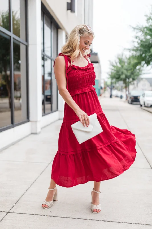 Empire Waist Women Dress to Accentuate the Bust and Conceal the WaistTake Your Turn Red Tie Shoulder Smocked Dress Empire Waist Women Dress to Accentuate the Bust and Conceal the WaistTake Your Turn Red Tie Shoulder Smocked Dress