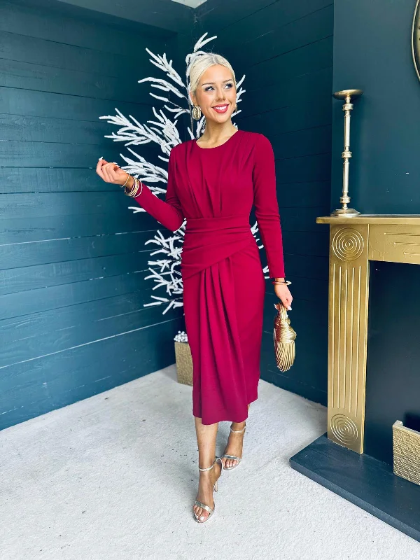 Mermaid - Style Women Dress with a Fitted Silhouette for Special OccasionsThea Drape Detail Midi Dress Burgundy Mermaid - Style Women Dress with a Fitted Silhouette for Special OccasionsThea Drape Detail Midi Dress Burgundy