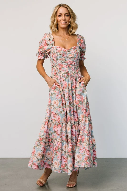 Wrap - Style Women Dress with Adjustable Fit for All Body TypesTiana Maxi Dress | Vintage Blue + Pink Floral Wrap - Style Women Dress with Adjustable Fit for All Body TypesTiana Maxi Dress | Vintage Blue + Pink Floral
