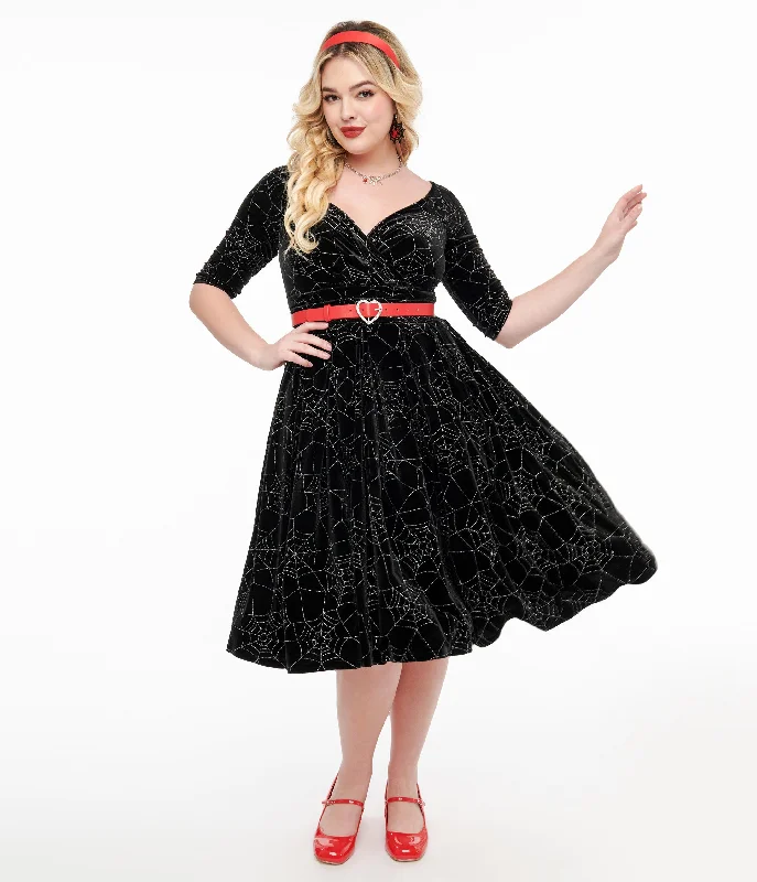 Empire Waist Women Dress to Accentuate the Bust and Conceal the WaistUnique Vintage 1950s Black Velvet & Silver Spiderweb Marceline Swing Dress Empire Waist Women Dress to Accentuate the Bust and Conceal the WaistUnique Vintage 1950s Black Velvet & Silver Spiderweb Marceline Swing Dress