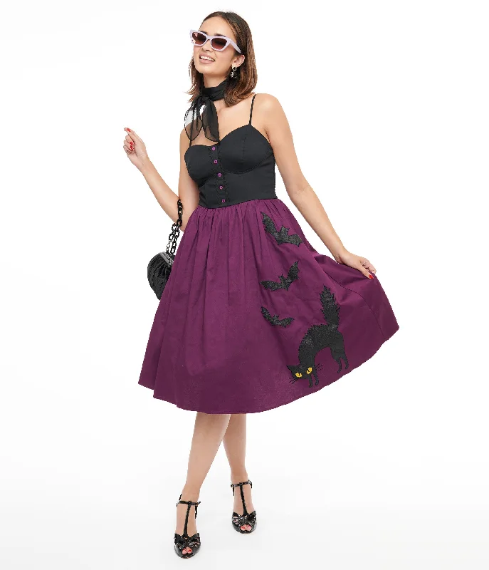 Backless Women Dress for a Sexy and Alluring Look at Evening EventsUnique Vintage 1950s Purple & Black Glitter Cat Swing Dress Backless Women Dress for a Sexy and Alluring Look at Evening EventsUnique Vintage 1950s Purple & Black Glitter Cat Swing Dress