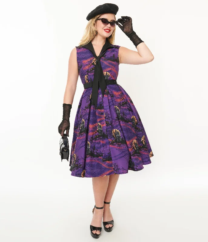Printed Abstract Women Dress for a Modern and Artistic AppealUnique Vintage 1950s Purple Halloween Print Edith Swing Dress Printed Abstract Women Dress for a Modern and Artistic AppealUnique Vintage 1950s Purple Halloween Print Edith Swing Dress