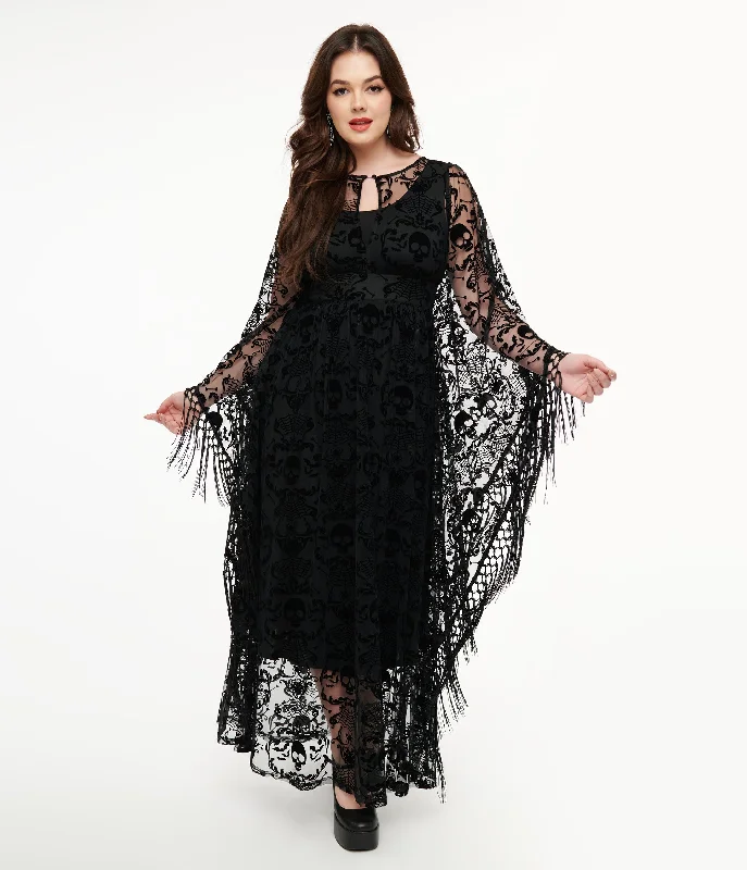 Little Black Women Dress with Sequins for a Glamorous Night OutUnique Vintage 1960s Black Baroque Skull Burnout Fringe Flutter Sleeve Caftan Little Black Women Dress with Sequins for a Glamorous Night OutUnique Vintage 1960s Black Baroque Skull Burnout Fringe Flutter Sleeve Caftan