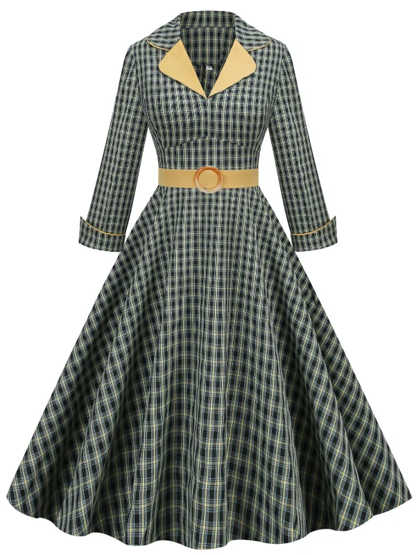 Halter Neck Women Dress to Show Off the Shoulders and NecklineYellow & Black 1950s Plaid Lapel Belt Swing Dress Halter Neck Women Dress to Show Off the Shoulders and NecklineYellow & Black 1950s Plaid Lapel Belt Swing Dress