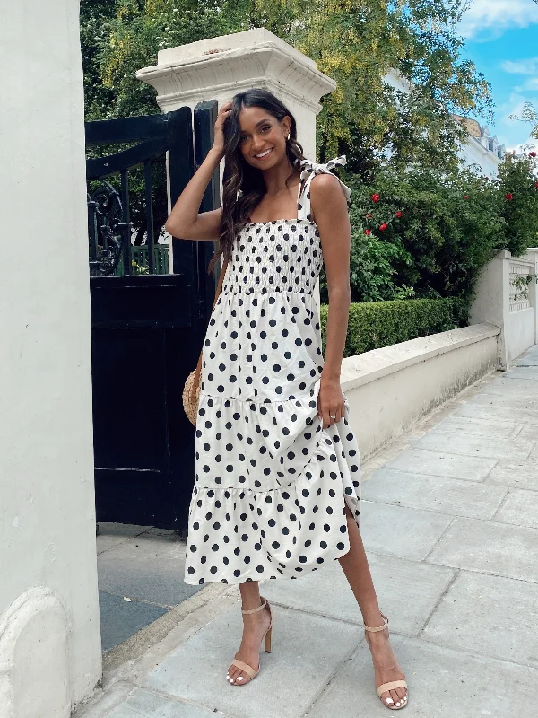 Lace - Embellished Women Dress for an Elegant and Sophisticated AppearanceAlexia Shirred Tie Strap Midi Dress / Stone And Black Spot Lace - Embellished Women Dress for an Elegant and Sophisticated AppearanceAlexia Shirred Tie Strap Midi Dress / Stone And Black Spot