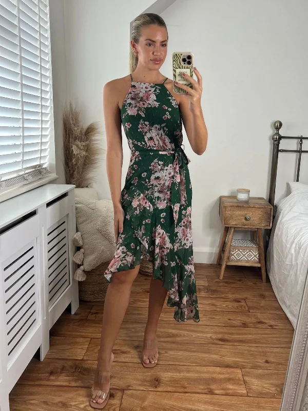 Halter Neck Women Dress to Show Off the Shoulders and NecklineAriana Halter Frill Dress / Chiffon Green Floral Halter Neck Women Dress to Show Off the Shoulders and NecklineAriana Halter Frill Dress / Chiffon Green Floral