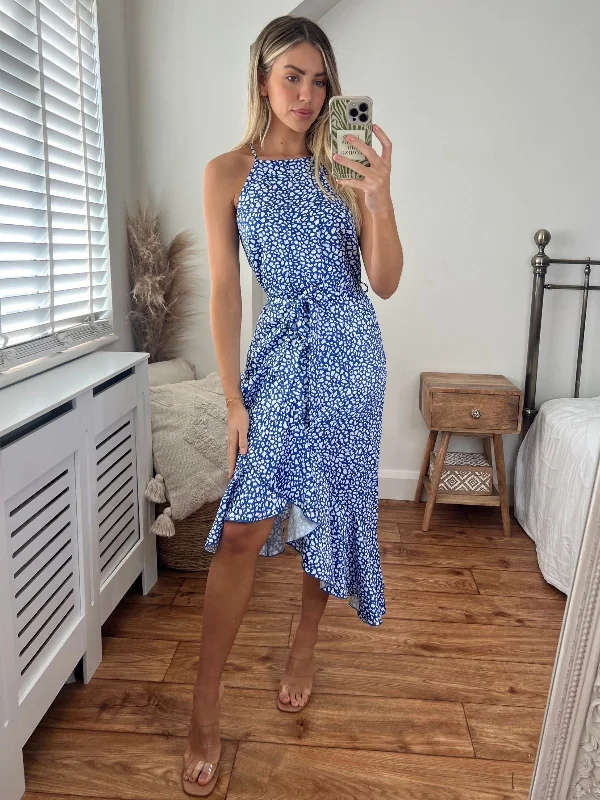Lace - Embellished Women Dress for an Elegant and Sophisticated AppearanceAriana Halter Frill Dress / Blue Pebble Lace - Embellished Women Dress for an Elegant and Sophisticated AppearanceAriana Halter Frill Dress / Blue Pebble