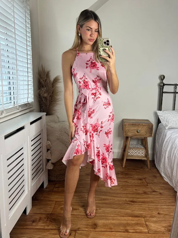 Sleeveless Women Dress in Bright Colors for Summer PartiesAriana Halter Frill Dress / Blush Floral Sleeveless Women Dress in Bright Colors for Summer PartiesAriana Halter Frill Dress / Blush Floral