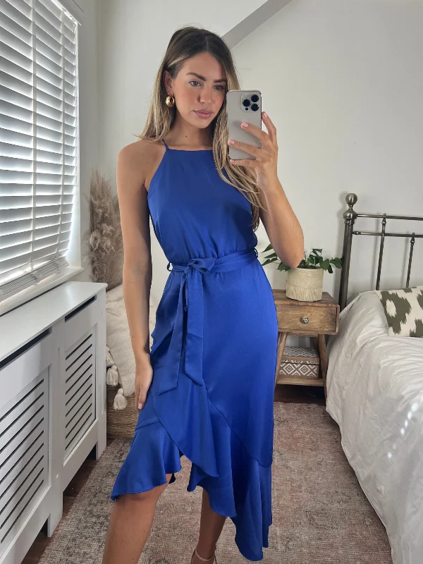 Pleated Women Dress with a Timeless and Elegant TextureAriana Halter Frill Dress / Cobalt Blue Pleated Women Dress with a Timeless and Elegant TextureAriana Halter Frill Dress / Cobalt Blue
