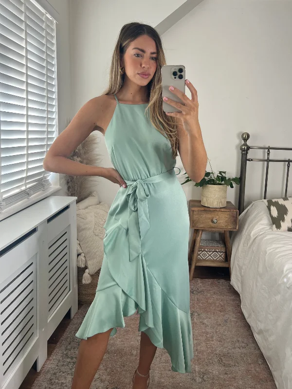 Strapless Women Dress with a Built - in Bra for Comfort and SupportAriana Halter Frill Dress / Sage Strapless Women Dress with a Built - in Bra for Comfort and SupportAriana Halter Frill Dress / Sage